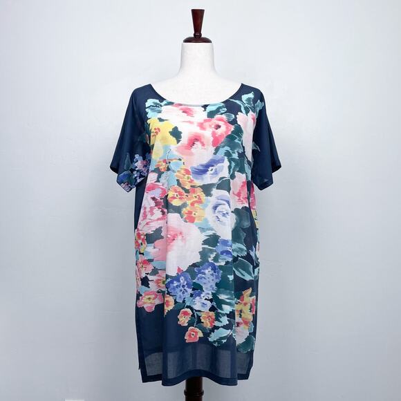 Johnny Was Blue Floral Cotton Side Slit Tunic Top - Picture 2 of 9